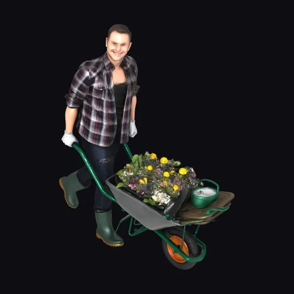 Woman with Wheelbarrow Flowers