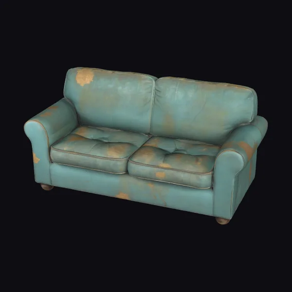 Worn Green Leather Sofa