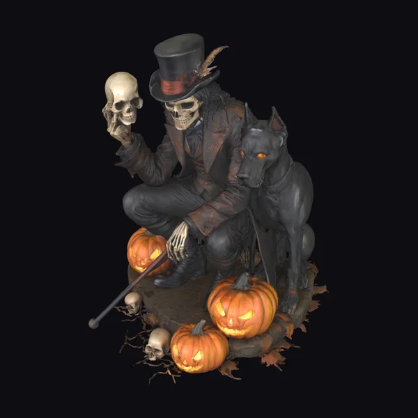 Skeleton with Dog and Pumpkins