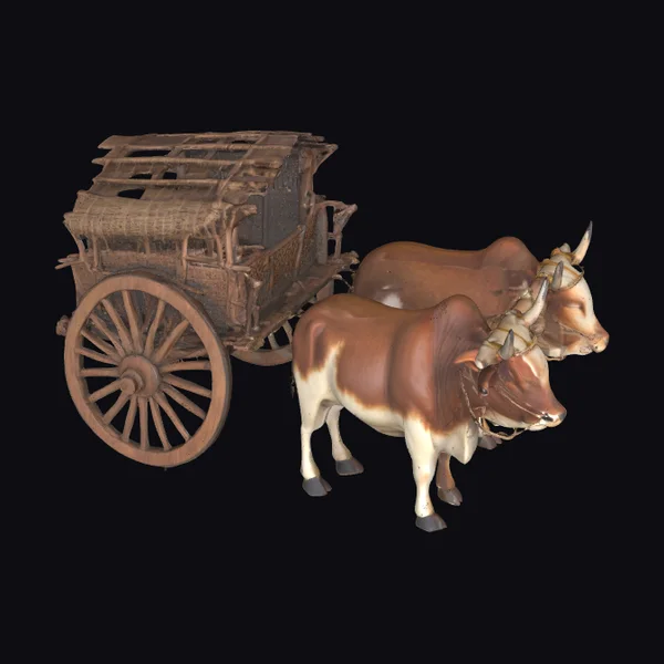 Oxen Pulling Wooden Cart
