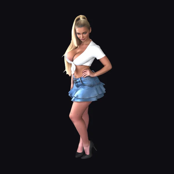 Blonde Woman in Denim Skirt
