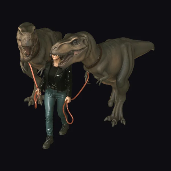 Woman Walking Two Dinosaurs