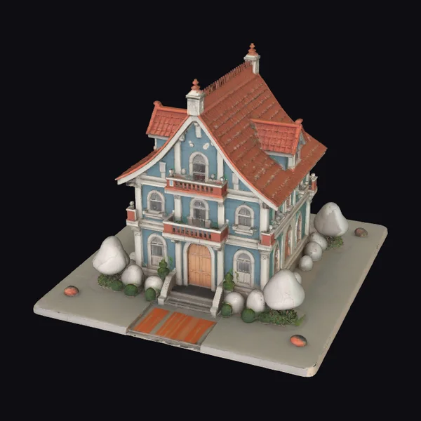 Blue Roofed House Landscape