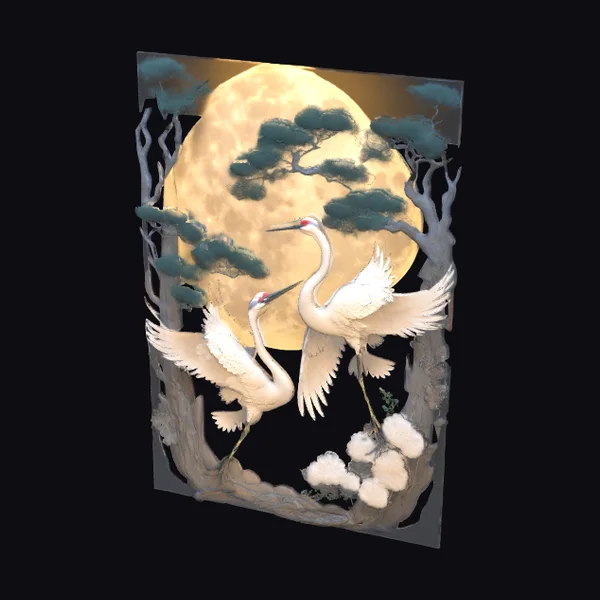 Cranes Under Moonlight Trees
