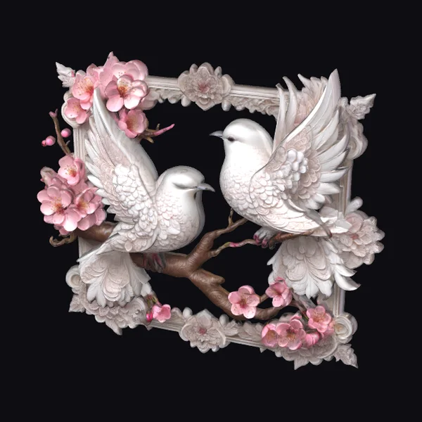 White Doves on Cherry Blossoms