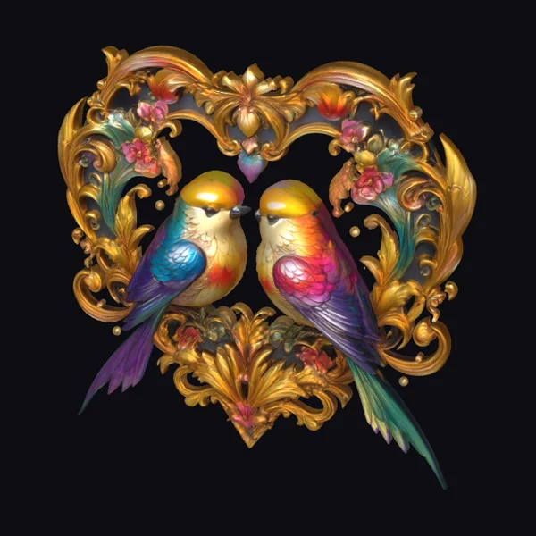 Colorful Birds in Heart Frame