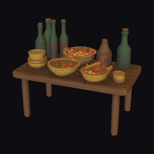 Table with Food and Bottles