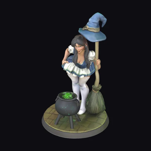 Witch with Broom and Cauldron
