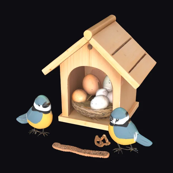 Wooden Birdhouse with Eggs