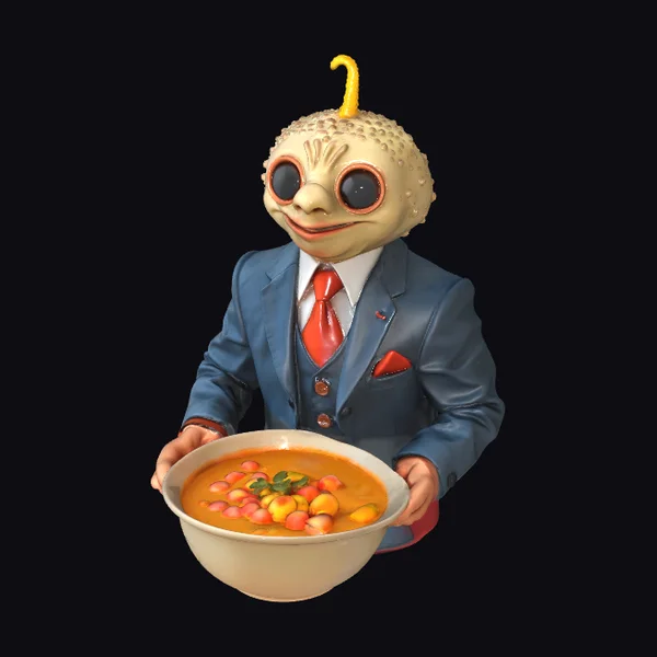 Alien in Suit Holding Soup