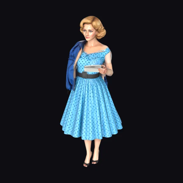 Woman in Blue Polka Dress