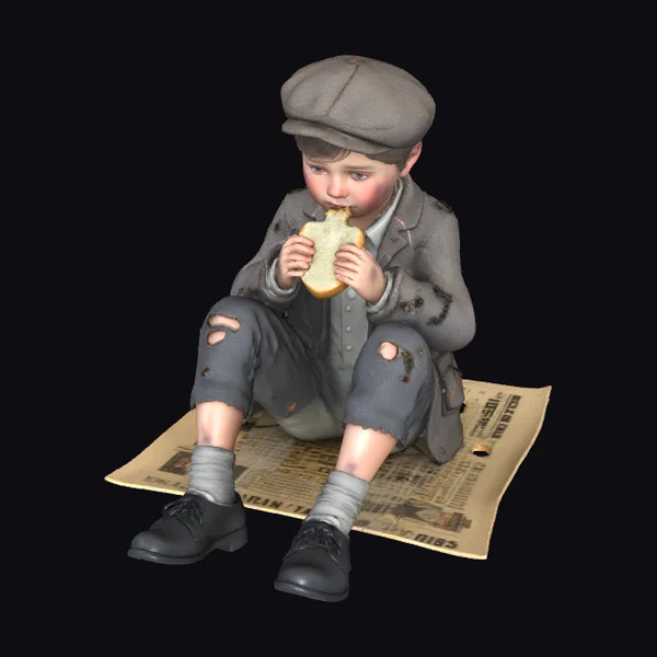 Young Newsboy Eating Sandwich