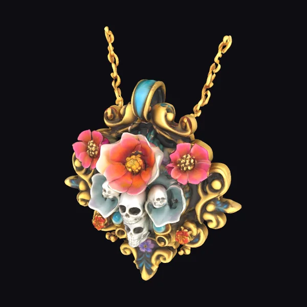 Ornate Skull Flower Pendant