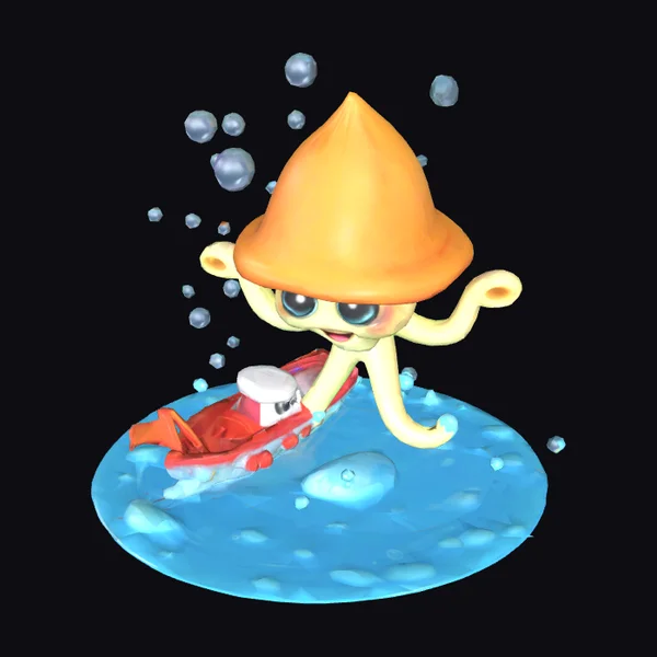 Cartoon Squid with Toy Boat