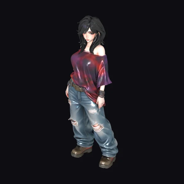 Anime Girl in Distressed Denim