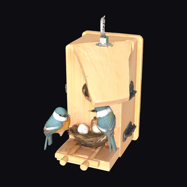 Wooden Birdhouse with Birds