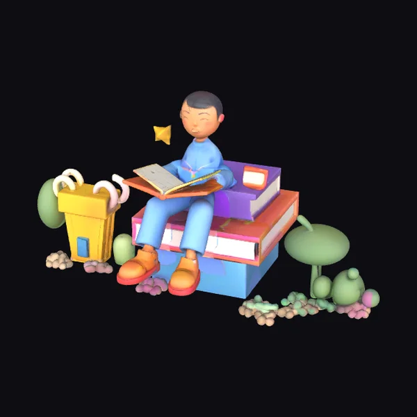 Boy Reading on Book Pile