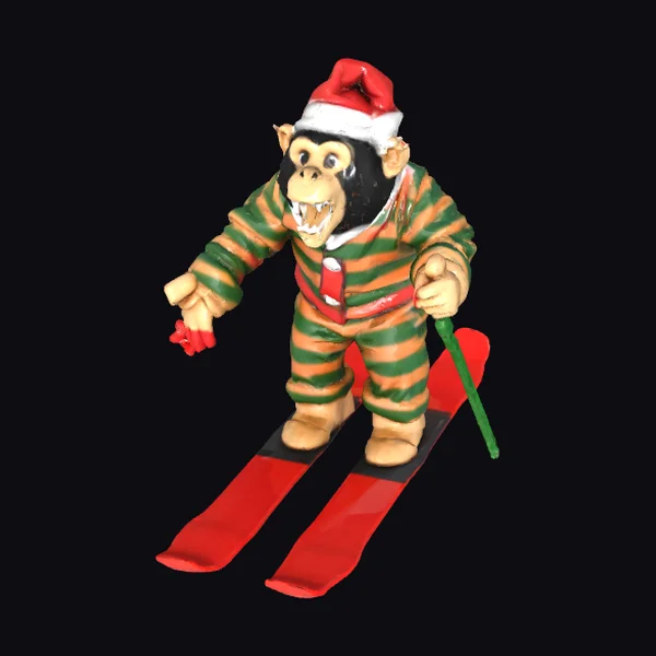 Chimp in Christmas Suit Skiing